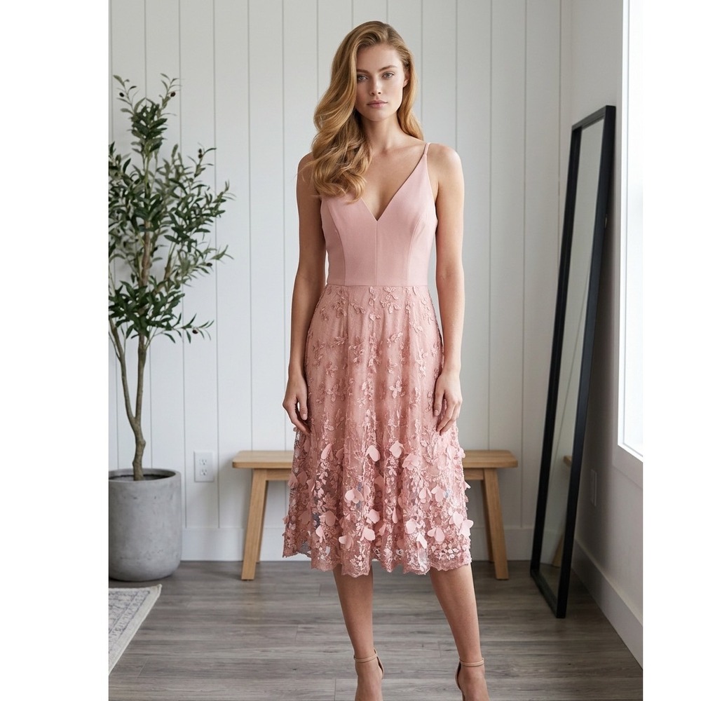 Dress the Population Darleen Blush Pink 3D Floral Lace Midi Dress DDR408-K224 M